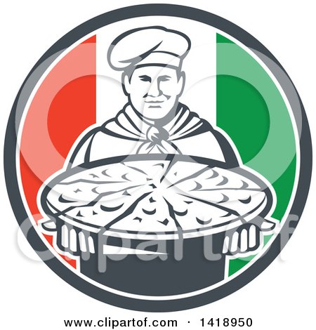 Clipart of a Retro Male Chef Holding a Pizza Pie in an Italian Flag Circle - Royalty Free Vector Illustration by patrimonio