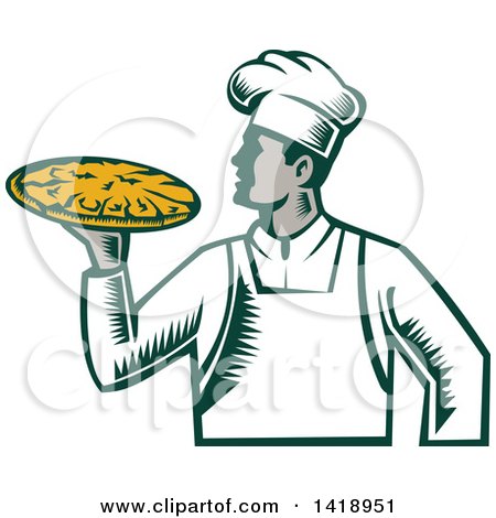 Clipart of a Retro Woodcut Male Chef Holding a Pizza Pie - Royalty Free Vector Illustration by patrimonio