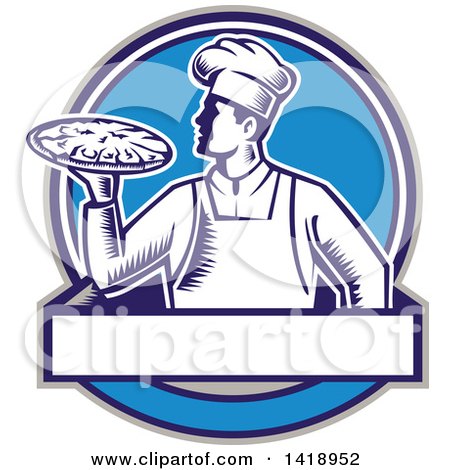 Clipart of a Retro Woodcut Male Chef Holding a Pizza Pie in a Blue Design - Royalty Free Vector Illustration by patrimonio