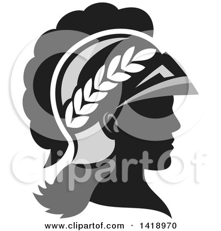 Clipart of a Grayscale Profile Portrait of the Roman Goddess of Wisdom, Minerva or Menrva, Wearing a Helmet and Laurel Crown - Royalty Free Vector Illustration by patrimonio