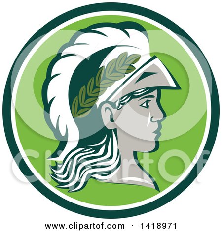 Clipart of a Profile Portrait of the Roman Goddess of Wisdom, Minerva or Menrva, Wearing a Helmet and Laurel Crown in a Green and White Circle - Royalty Free Vector Illustration by patrimonio