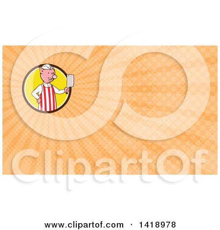 Clipart of a Cartoon Pig Butcher Holding a Cleaver Knife and Orange Rays Background or Business Card Design - Royalty Free Illustration by patrimonio
