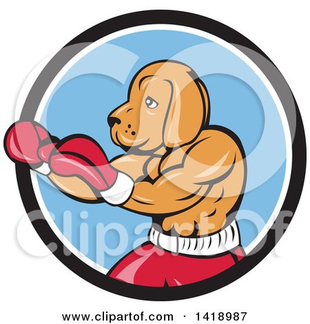 Clipart of a Cartoon Muscular Dog Man Fighter Boxing in a Black White and Blue Circle - Royalty Free Vector Illustration by patrimonio