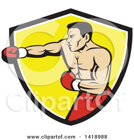 Clipart of a Retro Muscular Male Boxer Jabbing in a Black White and Yellow Shield - Royalty Free Vector Illustration by patrimonio