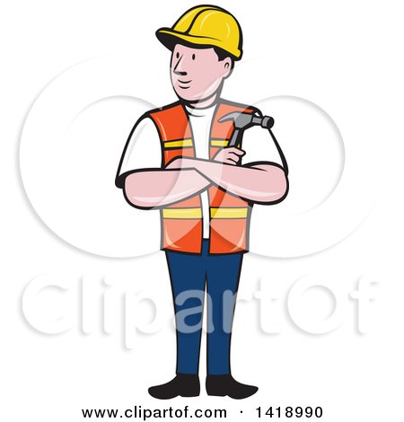Clipart of a Retro Cartoon Construction Worker Holding a Hammer in Folded Arms - Royalty Free Vector Illustration by patrimonio