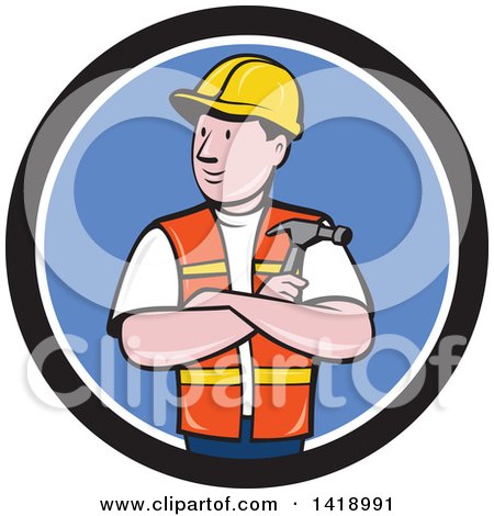 Clipart of a Retro Cartoon Construction Worker Holding a Hammer in Folded Arms in a Black White and Blue Circle - Royalty Free Vector Illustration by patrimonio