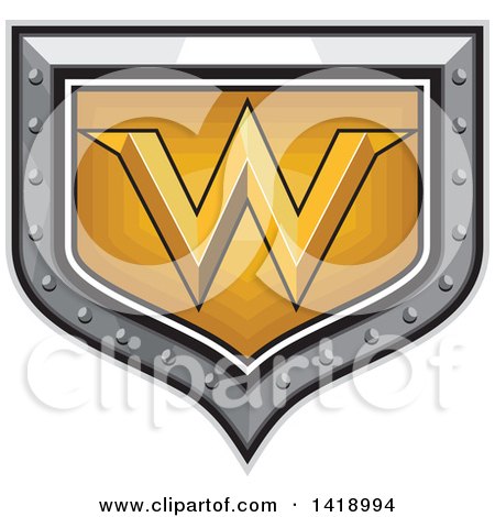 Clipart of a Retro Letter W in a Gold and Silver Shield - Royalty Free Vector Illustration by patrimonio