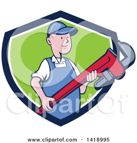 Clipart of a Retro Cartoon White Male Plumber or Handy Man Holding a Giant Monkey Wrench, Emerging from a Blue White and Green Shield - Royalty Free Vector Illustration by patrimonio