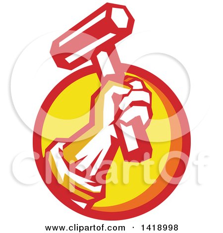 Clipart of a Retro Union Worker Hand Holding up a Hammer or Mallet in a Red Orange and Yellow Circle - Royalty Free Vector Illustration by patrimonio