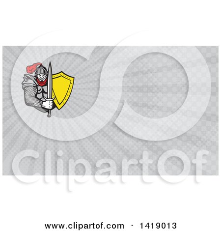 Clipart of a Retro Knight in Full Armor, Holding Sword and Shield and Gray Rays Background or Business Card Design - Royalty Free Illustration by patrimonio