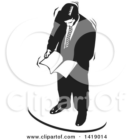 Clipart of a Black and White Business Man Reading Documents - Royalty Free Vector Illustration by David Rey