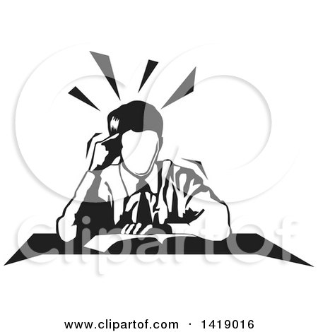 Clipart of a Black and White Business Man Reading at a Desk - Royalty Free Vector Illustration by David Rey