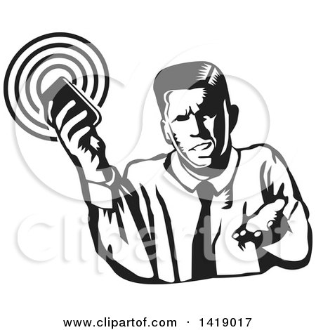 Clipart of a Black and White Business Man Shrugging and Holding a Cell Phone with a Signal - Royalty Free Vector Illustration by David Rey