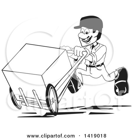 Clipart of a Black and White Delivery Man Running with a Box on a Dolly - Royalty Free Vector Illustration by David Rey