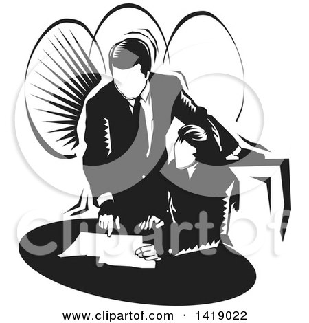 Clipart of a Black and White Professional Business Woman and Man Going over Documents - Royalty Free Vector Illustration by David Rey