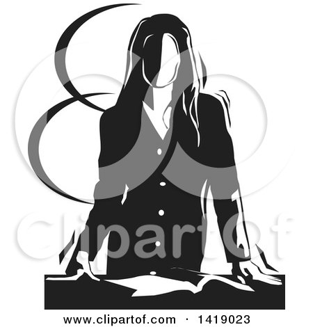 Clipart of a Black and White Professional Business Woman Resting Her Hands on Her Desk over a Book - Royalty Free Vector Illustration by David Rey