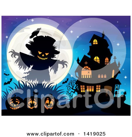 Clipart of a Silhouetted Scarecrow with a Jackolantern Head over Pumpkins near a Haunted House - Royalty Free Vector Illustration by visekart