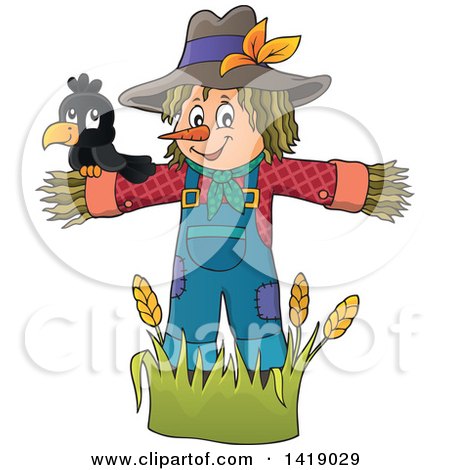 Clipart of a Crow Bird on a Scarecrow - Royalty Free Vector Illustration by visekart