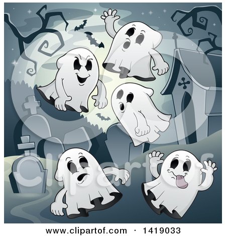 Clipart of a Group of Ghosts in a Cemetery - Royalty Free Vector Illustration by visekart