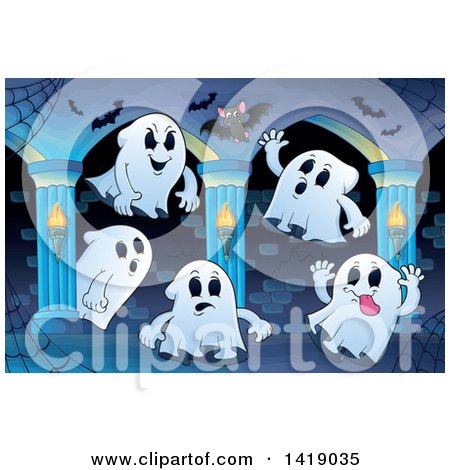 Clipart of a Group of Ghosts in a Hallway - Royalty Free Vector Illustration by visekart