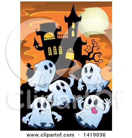 Clipart of a Group of Ghosts Around a Haunted Mansion - Royalty Free Vector Illustration by visekart