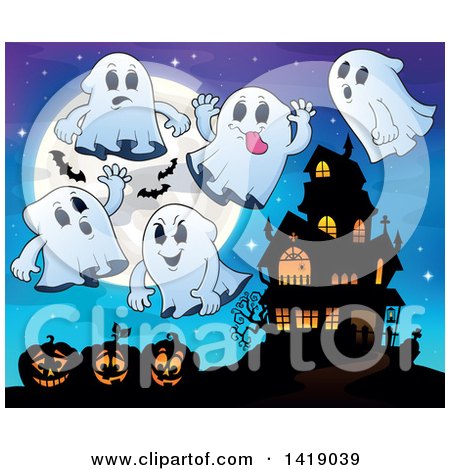 Clipart of a Full Moon with Bats, Ghosts and Jackolanterns near a Haunted House - Royalty Free Vector Illustration by visekart