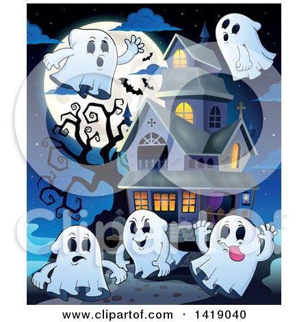 Clipart of a Group of Ghosts Around a Haunted Mansion - Royalty Free Vector Illustration by visekart