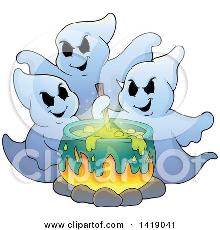 Clipart of a Group of Ghosts Around a Boiling Cauldron - Royalty Free Vector Illustration by visekart