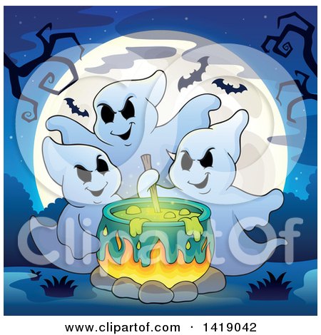 Clipart of a Group of Ghosts Around a Boiling Cauldron Against a Full Moon - Royalty Free Vector Illustration by visekart