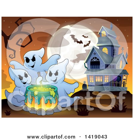 Clipart of a Group of Ghosts Around a Boiling Cauldron near a Haunted House - Royalty Free Vector Illustration by visekart