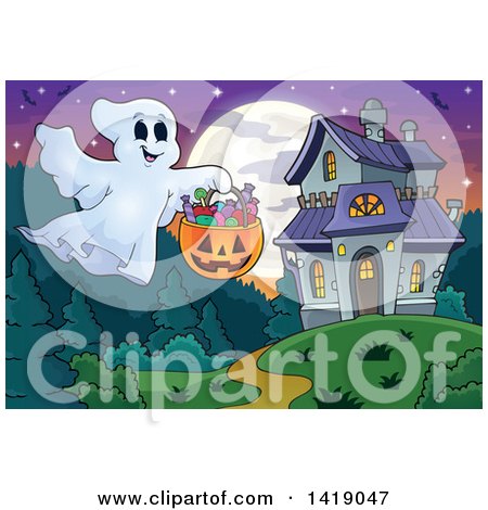 Clipart of a Ghost Trick or Treating near a Haunted Mansion - Royalty Free Vector Illustration by visekart