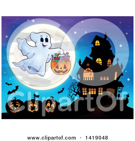 Clipart of a Ghost Trick or Treating near a Haunted House over Jackolanterns and a Full Moon - Royalty Free Vector Illustration by visekart
