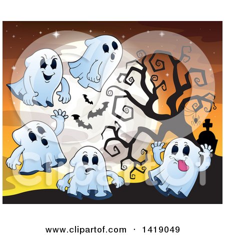 Clipart of a Group of Ghosts by a Bare Tree Against a Full Moon - Royalty Free Vector Illustration by visekart