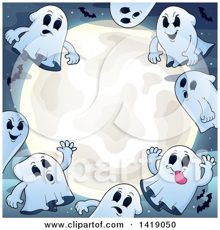Clipart of a Group of Ghosts Around a Full Moon with Bats - Royalty Free Vector Illustration by visekart