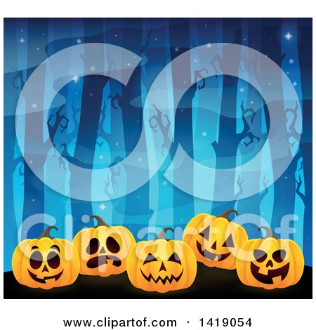 Clipart of a Row of Carved Jackolantern Pumpkins in a Spooky Forest - Royalty Free Vector Illustration by visekart