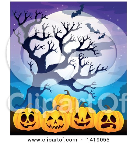 Clipart of a Row of Carved Jackolantern Pumpkins by a Spooky Tree Against a Full Moon with Bats - Royalty Free Vector Illustration by visekart