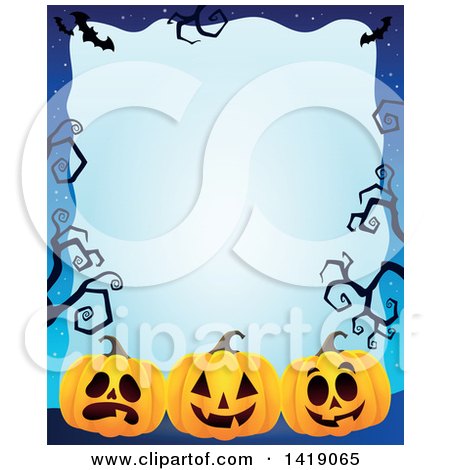 Clipart of a Halloween Border of Jackolantern Pumpkins, Bats and Curly Bare Tree Branches over Blue - Royalty Free Vector Illustration by visekart