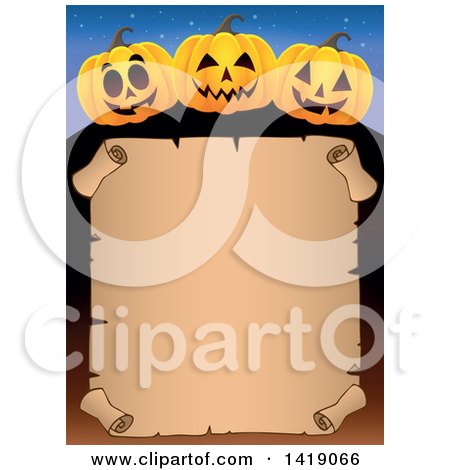 Clipart of a Halloween Border of Jackolantern Pumpkins over a Parchment Scroll - Royalty Free Vector Illustration by visekart