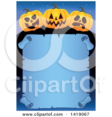 Clipart of a Halloween Border of Jackolantern Pumpkins over a Blue Parchment Scroll - Royalty Free Vector Illustration by visekart