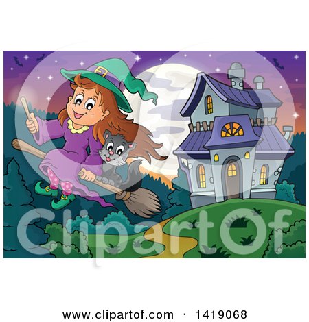 Clipart of a Witch Girl and Cat Flying on a Broomstick Away from a Haunted House - Royalty Free Vector Illustration by visekart