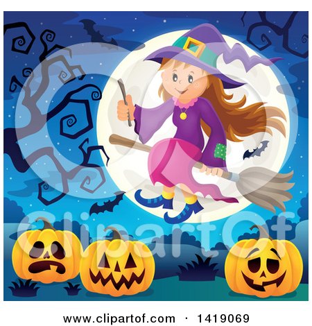 Clipart of a Happy Witch Girl Flying on a Broomstick over Halloween Jackolantern Pumpkins - Royalty Free Vector Illustration by visekart