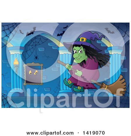 Clipart of a Witch Flying on a Broomstick in a Hallway - Royalty Free Vector Illustration by visekart
