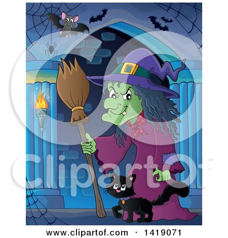 Clipart of a Witch and Cat Walking in a Hallway - Royalty Free Vector Illustration by visekart