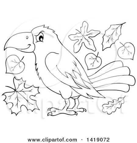 Clipart of a Black and White Lineart Crow Bird with Autumn Leaves - Royalty Free Vector Illustration by visekart
