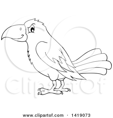 Clipart of a Black and White Lineart Crow Bird in Profile - Royalty Free Vector Illustration by visekart