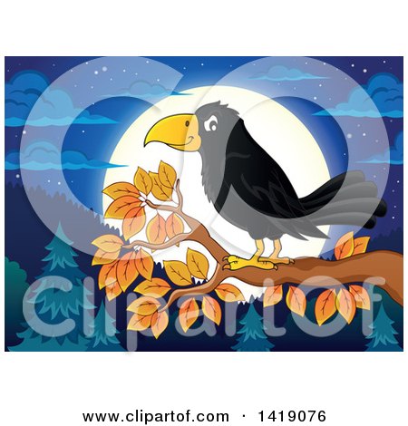 Clipart of a Black Crow Bird on a Tree Branch Against a Full Moon at Night - Royalty Free Vector Illustration by visekart