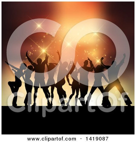 Clipart of a Background of Silhouetted Party People Dancing and Flares - Royalty Free Vector Illustration by KJ Pargeter