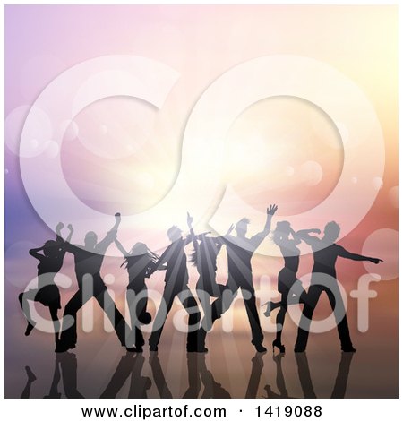 Clipart of a Background of Silhouetted Party People Dancing and Sunset with Flares - Royalty Free Vector Illustration by KJ Pargeter