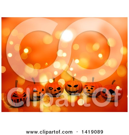 Clipart of 3d Halloween Jackolantern Pumpkins on an Orange Background - Royalty Free Illustration by KJ Pargeter