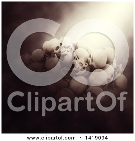 Clipart of a 3d Pile of Human Skulls in Dramatic Lighting - Royalty Free Illustration by KJ Pargeter
